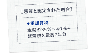 〔悪質と認定された場合〕●重加算税 本税の３５％～４０％＋延滞税を最長７年分